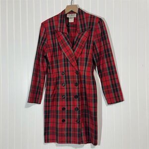 VTG La Belle Red Plaid Blazer Dress S Double Breasted 80s Mob Wife Preppy Grunge